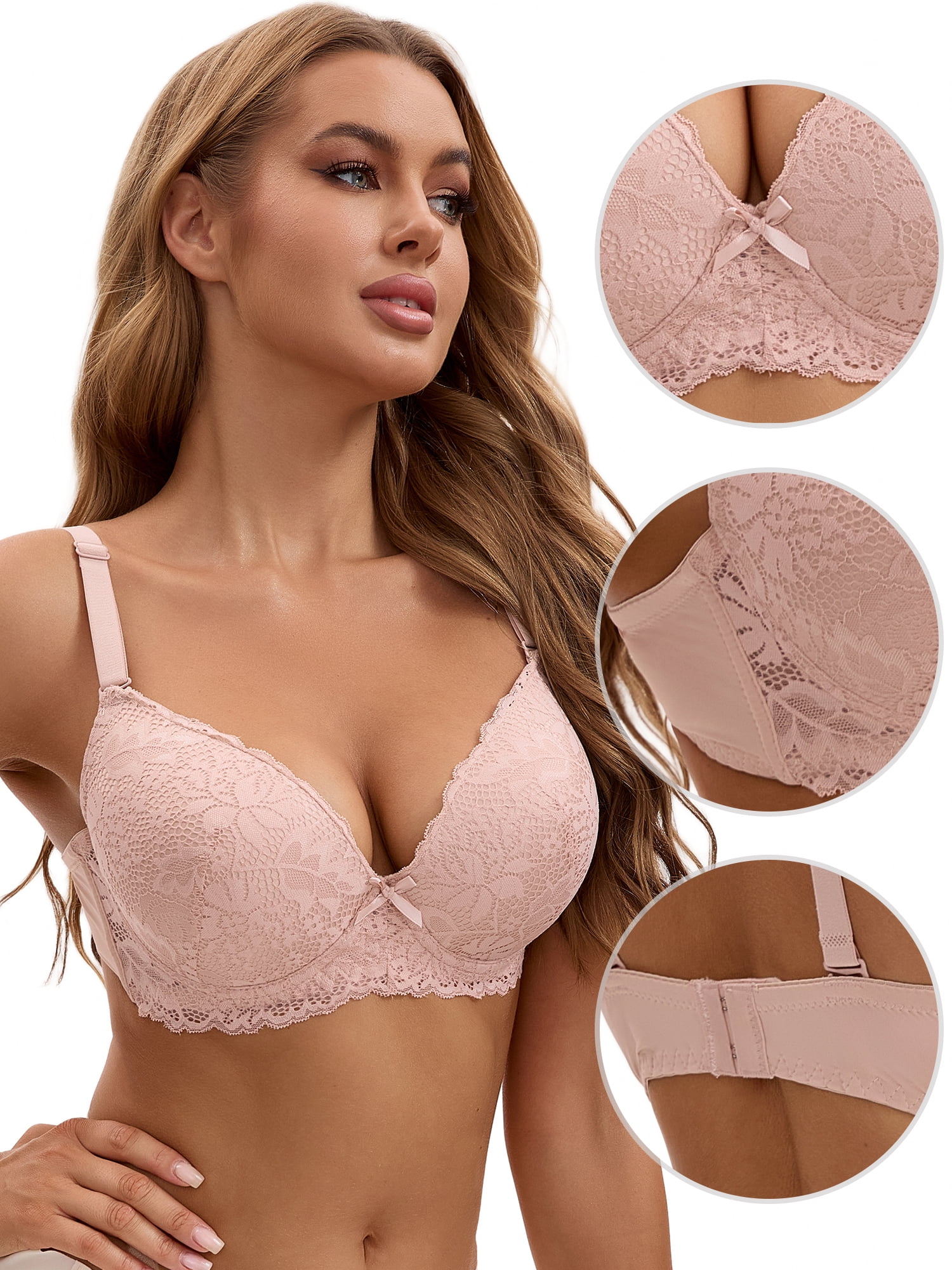 Unique Bargains Lace Push Up Bras 3 Pcs C 46 Beige/Pink/White