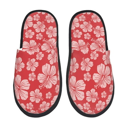 

Noikeo Red Hibiscus Flower Pattern Cozy Slippers Indoor for Women and Mens Fuzzy House Shoes Soft Plush Warm Slip-on Slippers-Medium