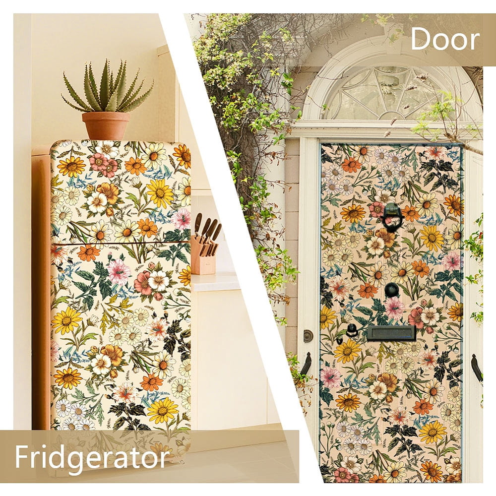 2 Pcs Retro Flower Removable Refrigerator Wraps Self-Adhesive Fridge Stickers Peel and Stick Vinyl Fridge Decals Sticker