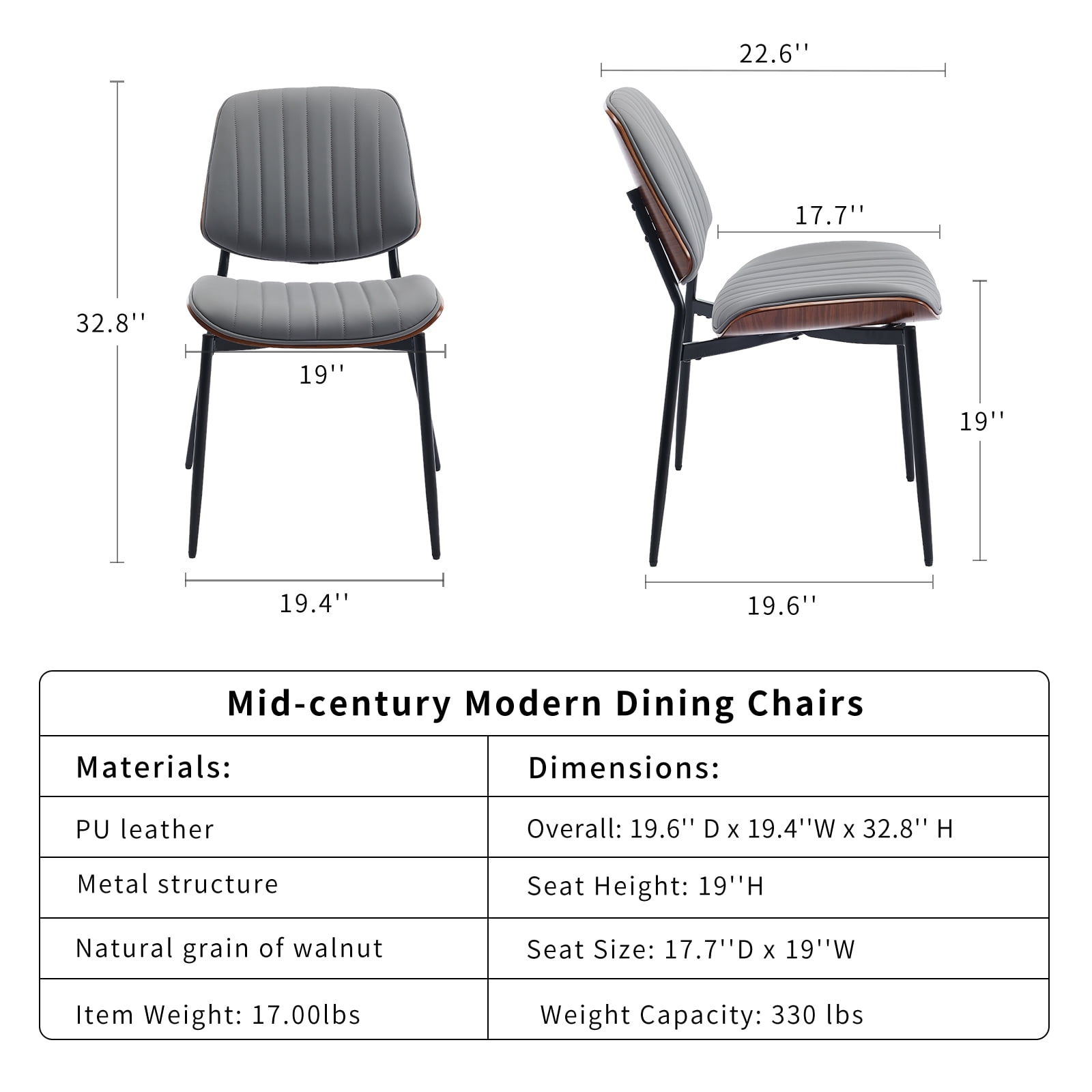 Mid Century Modern Dining Chairs Set of 4, Grey Kitchen & Dining Room Chairs Set of 4, Upholstered PU Leather Kitchen Chairs for Dining Table, Sillas de Comedor, Metal Leg, Walnut Back (Grey, 4 Pcs)