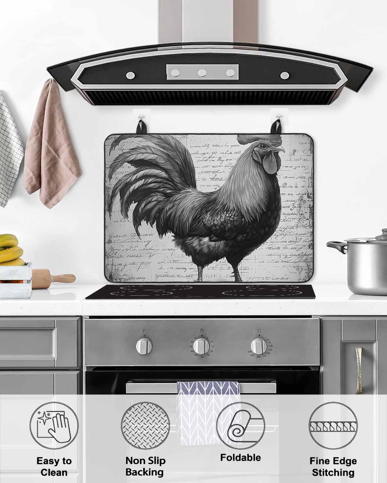 nqOlkjepod Large Induction Cooktop Protector Mat 36"x21", Grey Retro Rooster Stove Top Covers for Electric Stove, Farmhouse Vintage Country Animal Stove Burner Cover Mats, Glass Top Stove Cover