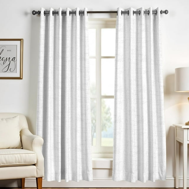 3 Ply White Linen Curtains 84 Inch Length 2 Panels Set Bedroom Living Room Curtains 84 Inches Long, Rod Pocket Back Tab Textured Window Drapes Soft Semi Sheer Light Filtering Panels Classic White