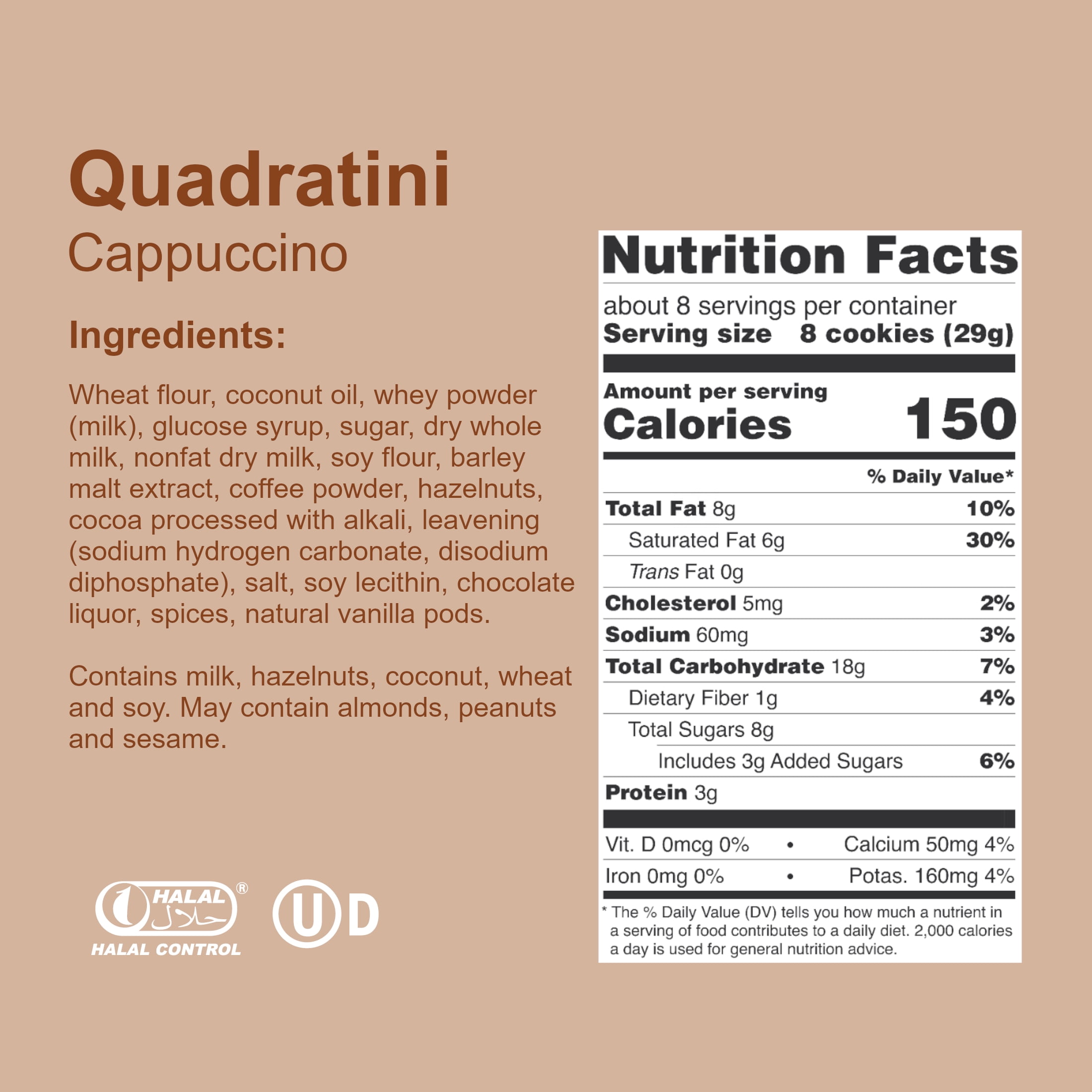 Loacker Quadratini Cappuccino, Non-GMO Cream-Filled Bite-Size Wafer Cookies, 7.76 oz, Pack of 6