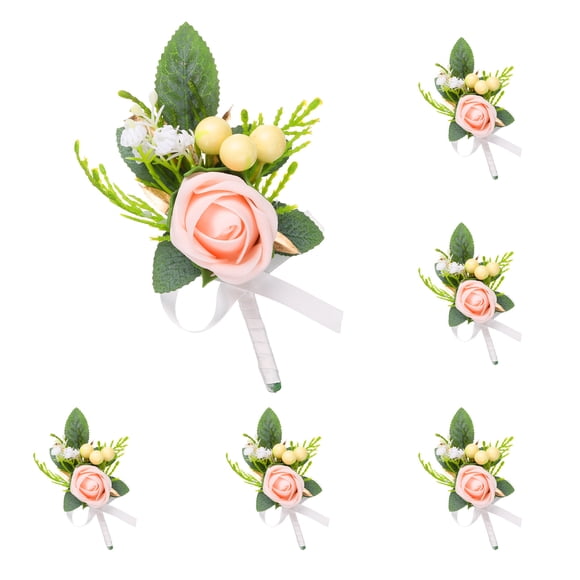 6 piezas de boutonnières rosas para hombres, novios, padrinos y novias