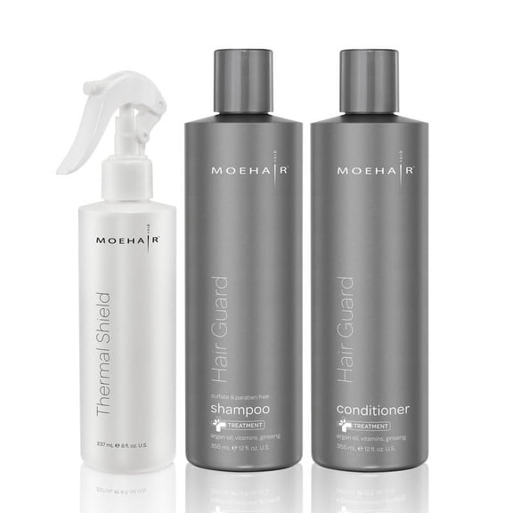 Moehair TRIO pack of Hair Guard shampoo (12 FL), Hair Guard conditioner (12 FL) and Thermal shield Spray (8 FL). Pack of 3