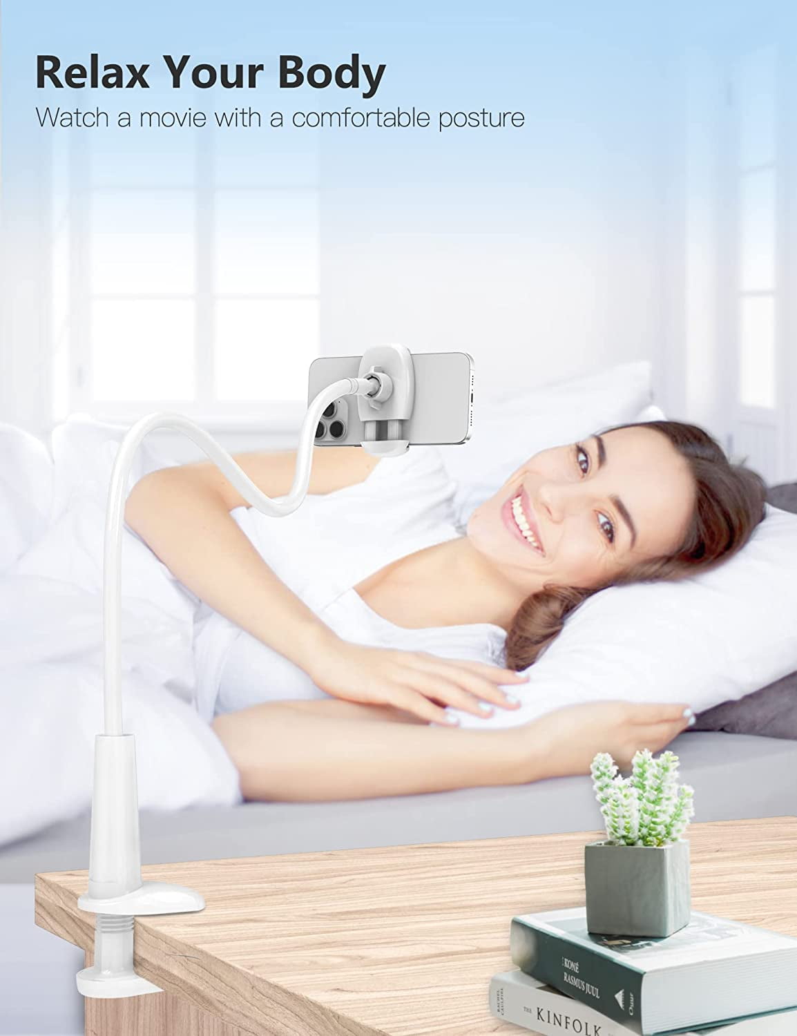 Gooseneck Phone Holder Stand for Bed Flexible Arm Adjustable Cell Phones Mount Clamp on Desk Bedframe Compatible with iPhone 14 Pro Max 13 12 11 X SE Series/Samsung S22 or Other 4"-7" Devices