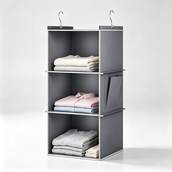 3-Tier Hanging Closet Organizer with Hooks - Foldable Storage Shelves for Clothes, Grey Space-Saving Shelf 