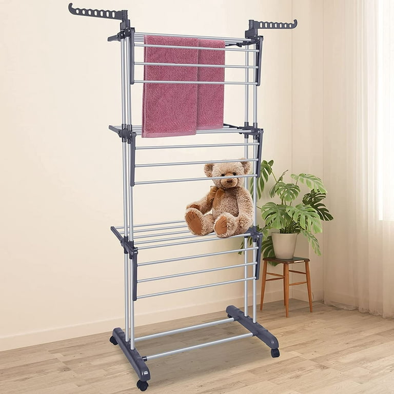 Bigzzia Clothes Drying Rack Folding Drying Rack Clothing 4 Tier Clothes  Horses Rack Stainless Steel Laundry Drying Rack with Two Side Wings Grey  Gray