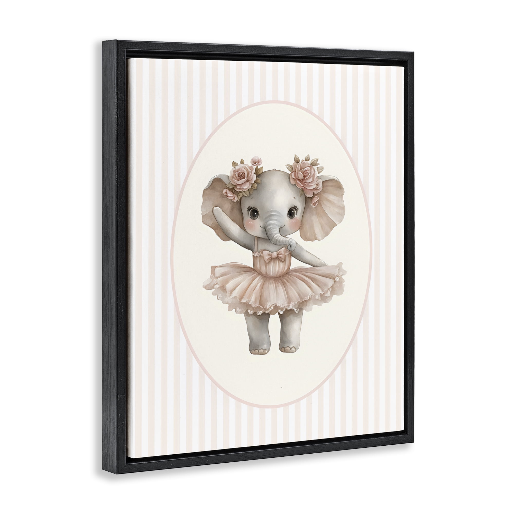 Stupell Industries Nursery Ballerina Elephant Striped Black Framed Floater Canvas Wall Art, design by LSR Design Studio