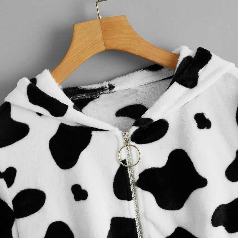 Reduced RQYYD Women s Zip Up Cropped Fleece Hoodie Cow Print Plus Size Hooded Sweatshirt Cute Workout Long Sleeve Crop Top Trendy Jacket for Girls