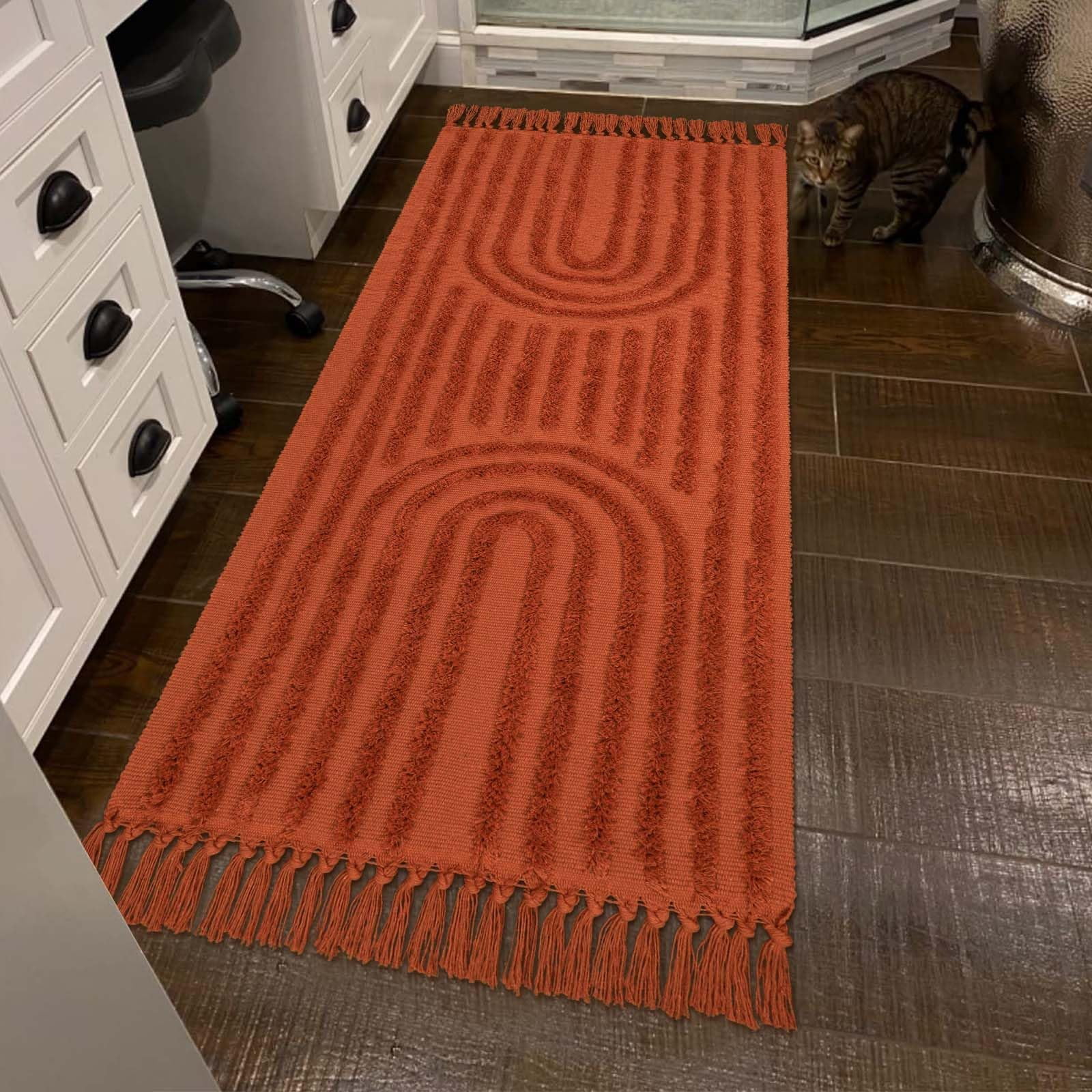 SUNDEREY Hallway Runner Rug 2'x6', Terracotta Washable Bathroom Rug Runners, Cotton Woven Kitchen Runner Rugs with Tassel, Farmhouse Tufted Rainbow Bedroom Runner Rug for Laundry Entryway,Red