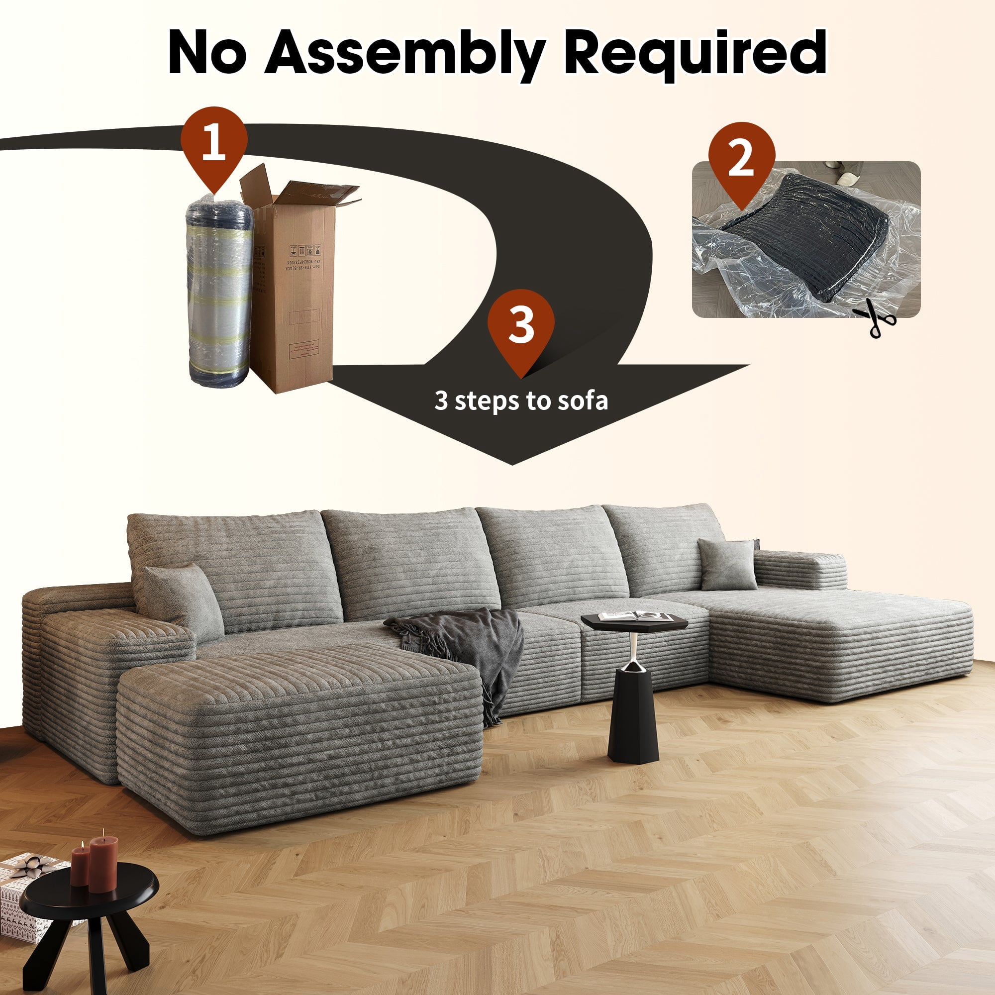 Sailvan 135" Cloud Sectional Couch, Cloudy Sofa with L-Shape Chaise & Ottoman, Upholstered Couches for Living Room & Bedroom, No Assembly Required, Plush Corduroy Fabric, Gray