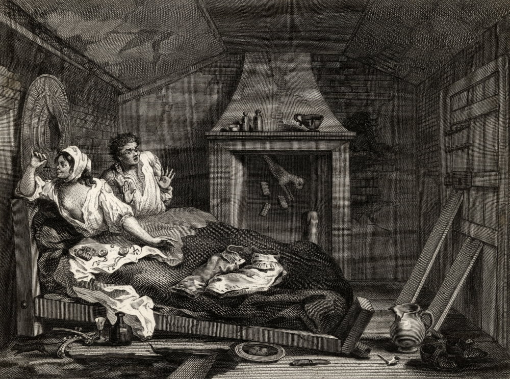 Industry And Idleness The Idle Prentice Returned From Sea And In A Garret With A Prostitute From The Original Design By Hogarth From The Works Of Hogarth Published London 1833 Canvas Art - Ken Welsh
