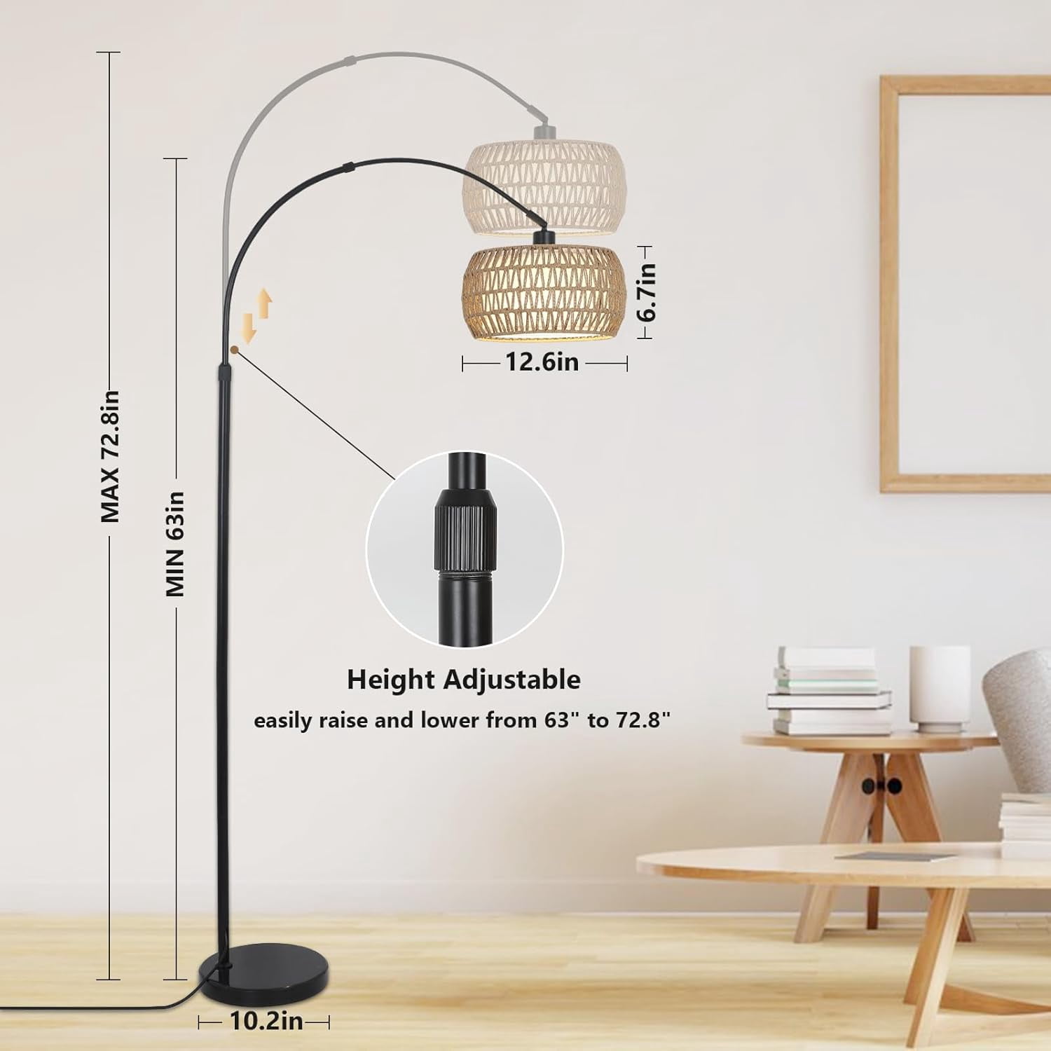 Arc Floor Lamp for Living Room, Black Standing Lamp with Remote and Dimmable LED, Rattan Boho Design