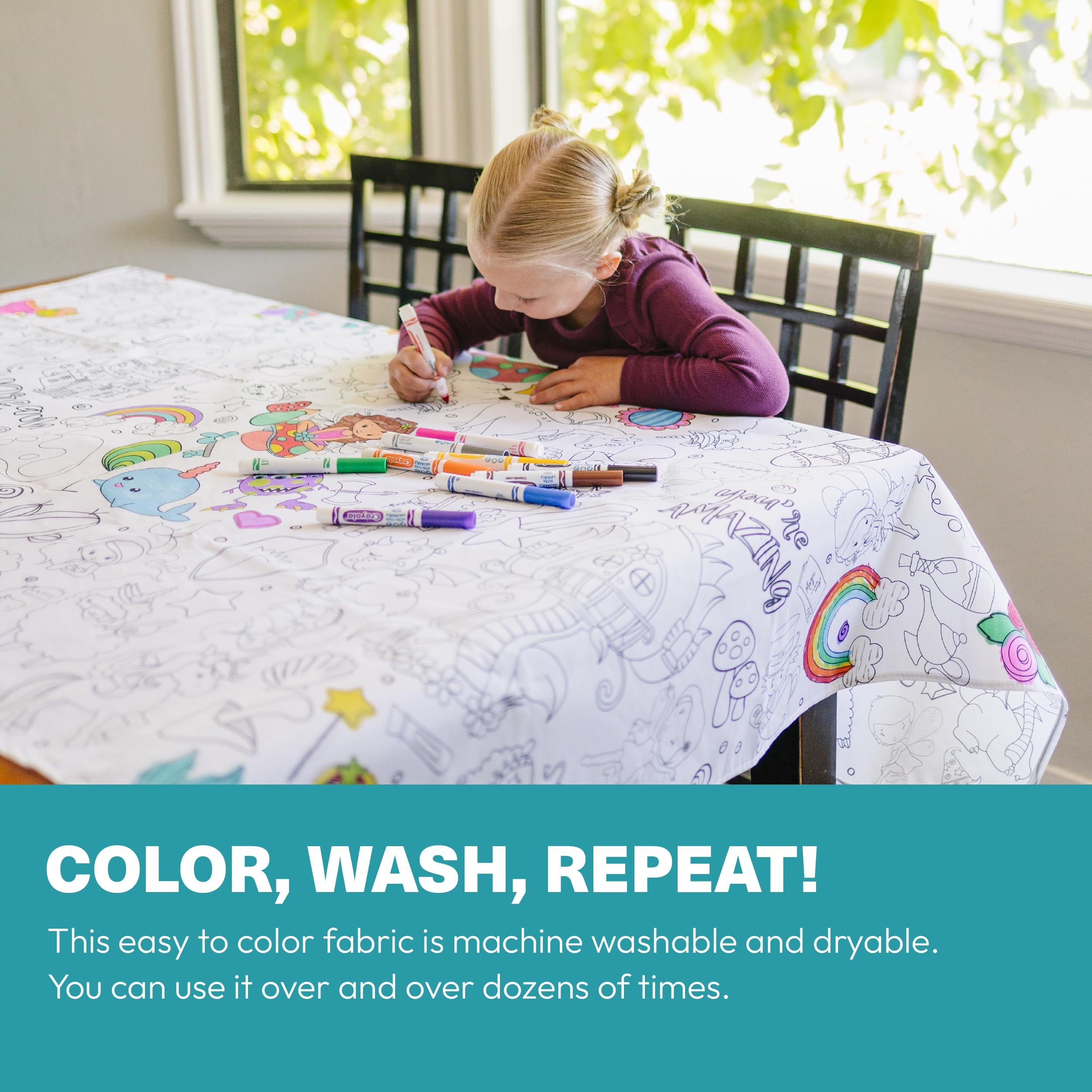 Fabric Reusable Coloring Tablecloth - Washable Coloring Mat for Kids and Adults, Giant Coloring Poster with Bleed-Resistant Lining, Sewn Edges, and Fun Designs (Food, 48"x60")