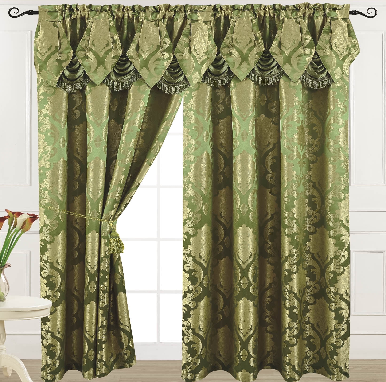 Luxury Jacquard Curtain Panel with Attached Waterfall Valance, 54 by 84