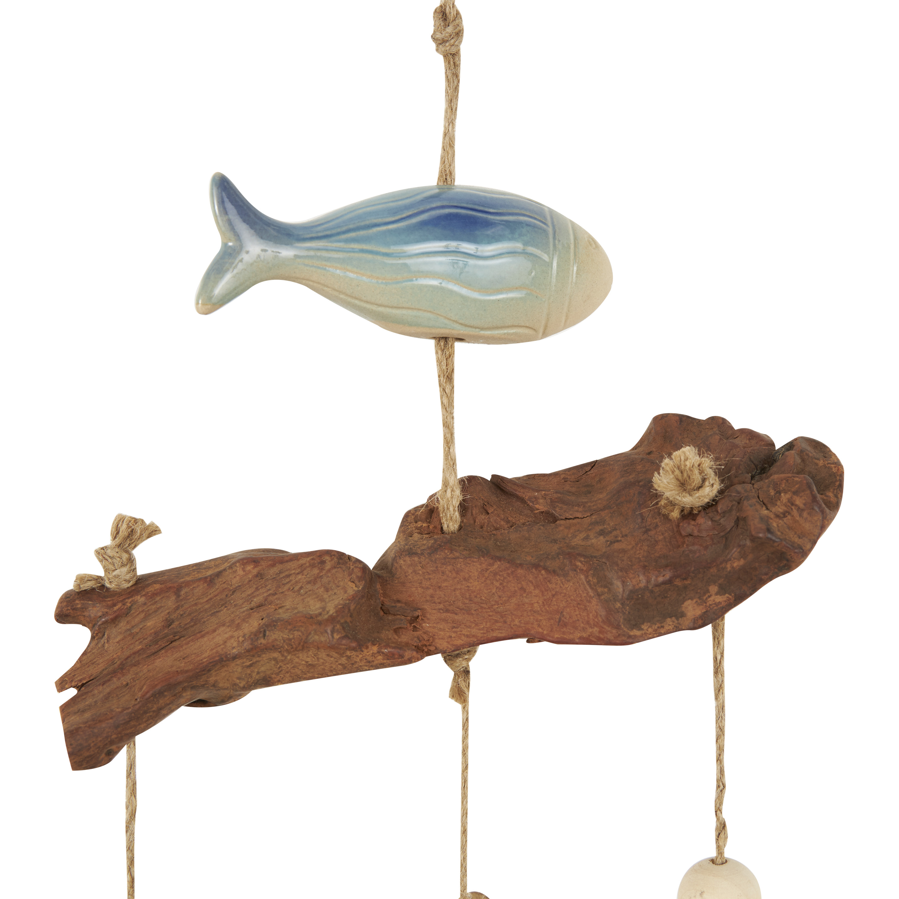 DecMode 40" Brown Ceramic Fish Windchime with Driftwood and Hanging Starfish Accents