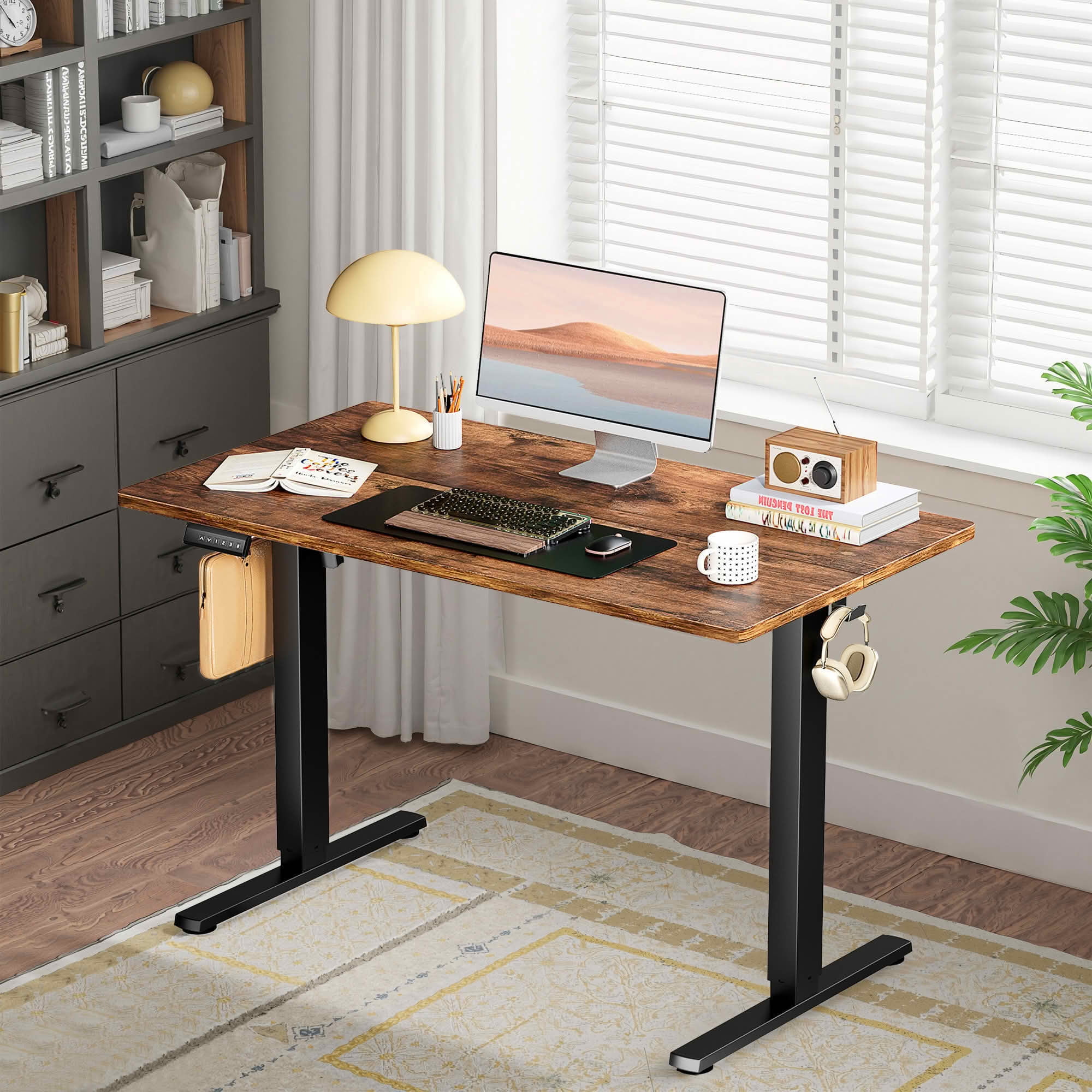MAYEERTY 40x24 Ergonomic Height Adjustable Desk, T-Shaped Metal Bracket, Computer Workstation, Rust