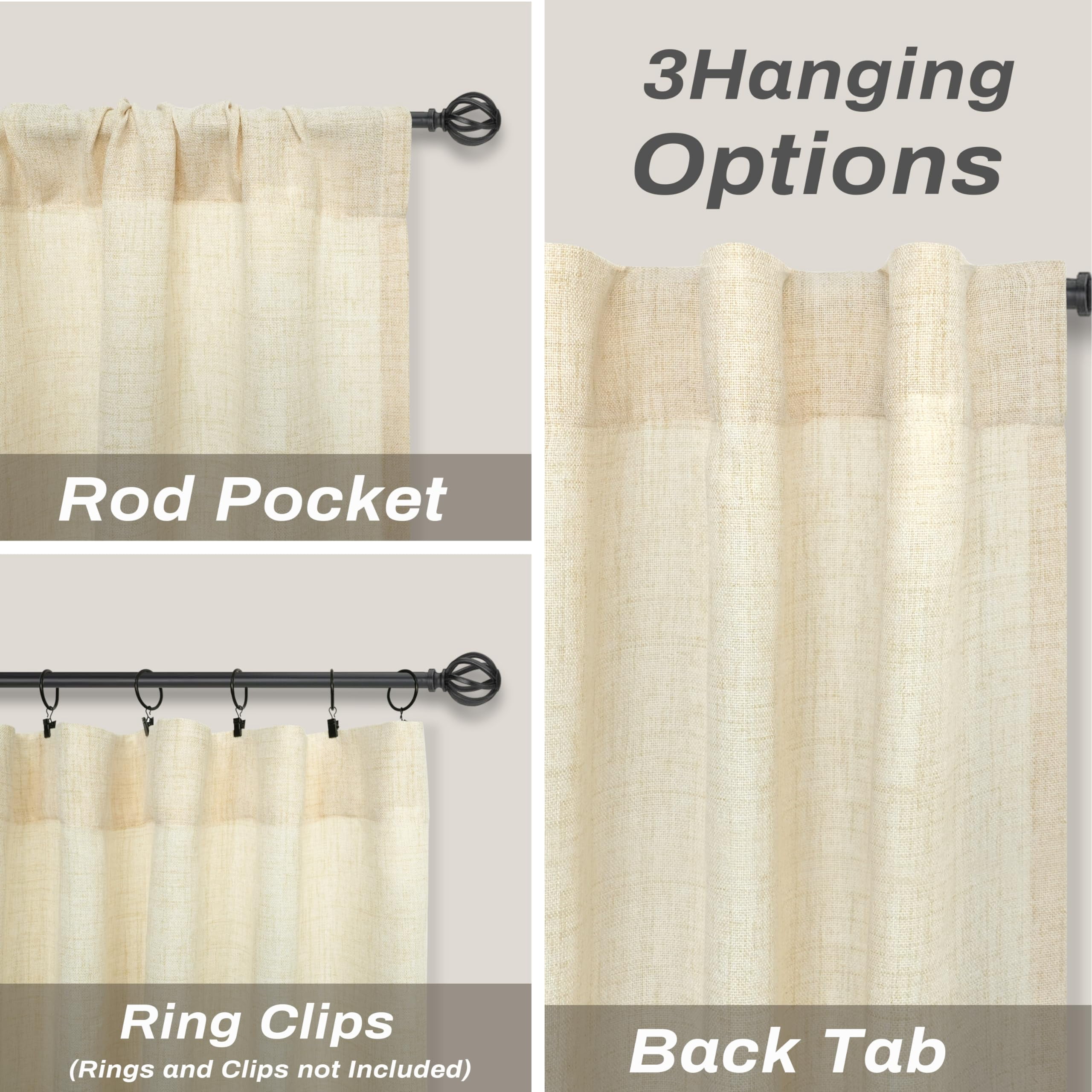 DriftAway Beige Linen Curtains 63 Inches Long for Living Room Thick Semi Sheer 2 Panels Farmhouse 3 Inch Rod Pocket Back Tab Boho Rustic Light Filtering Window Drapes for Bedroom Privacy Assured