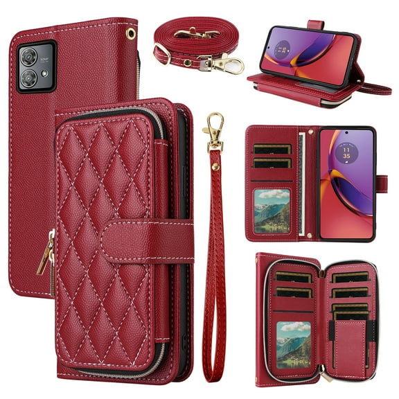 Dswteny Argyle Wallet Case for Motorola Moto G84 5G with Wrist Strap Shoulder Strap Zipper Purse PU Leather Flip Credit Card Holder Stand Accessories Cell Phone Cover for G 84 2023 Women Girls Red