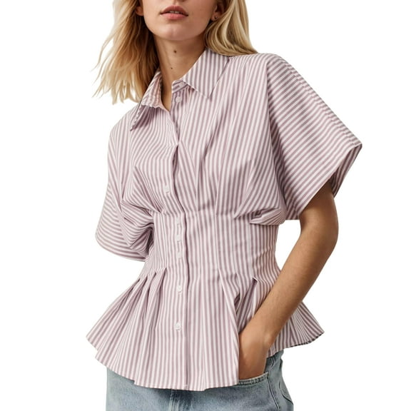 MATN Women Striped Button Pleated Shirt Short Sleeve Summer Casual Peplum Blouse White