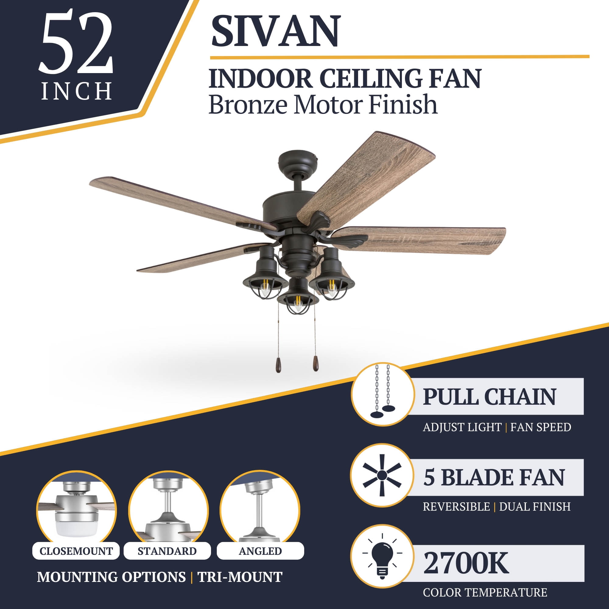 Prominence Home 50651-35 Sivan Farmhouse 52-Inch Aged Bronze Indoor Ceiling Fan, Lantern LED Multi-Arm Barnwood, Tumbleweed Blades