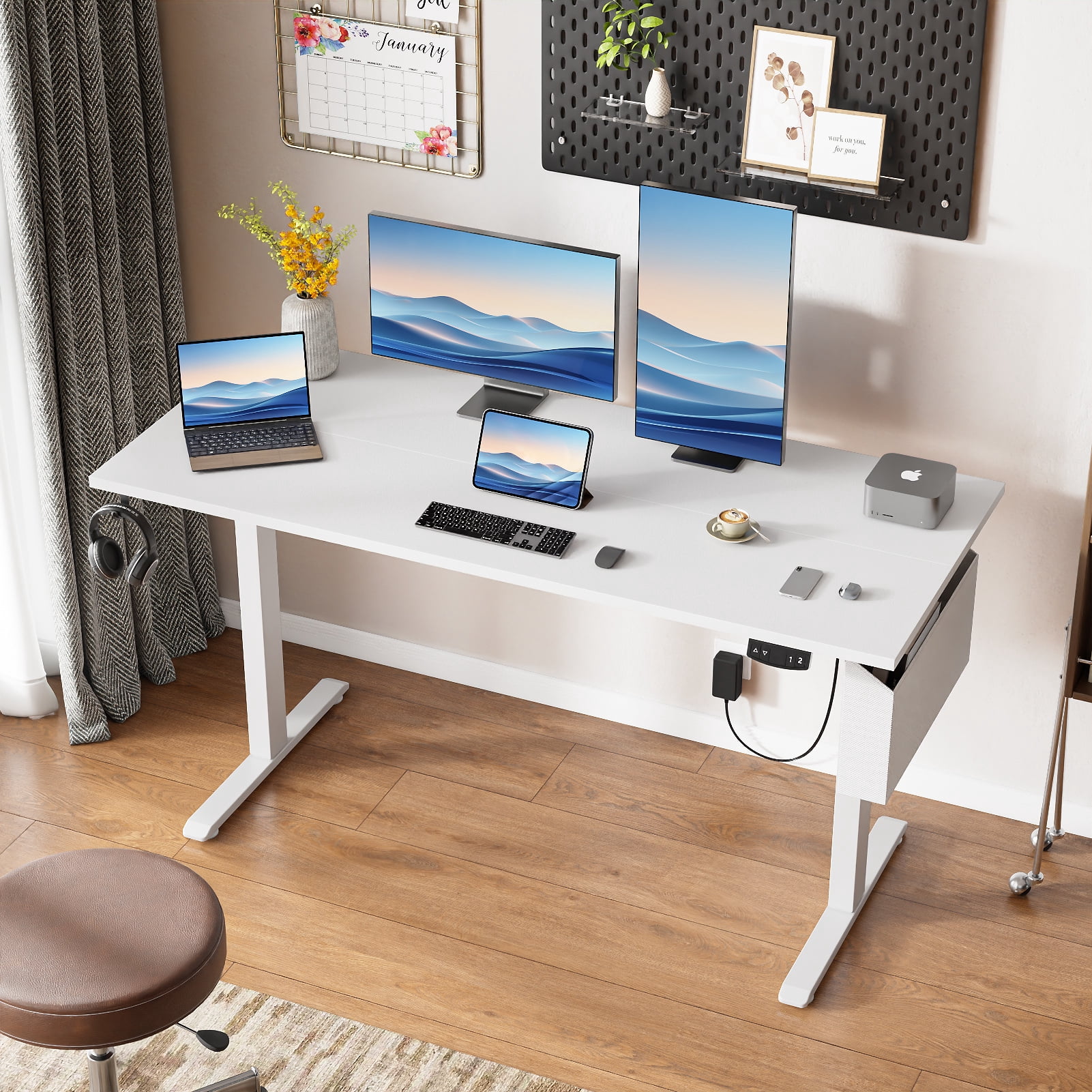 Satifur Electric Standing Desk 55", Ergonomic Computer Desk with Memory Preset, Height Adjustable Sit Stand Desk with Hooks & Storage, White