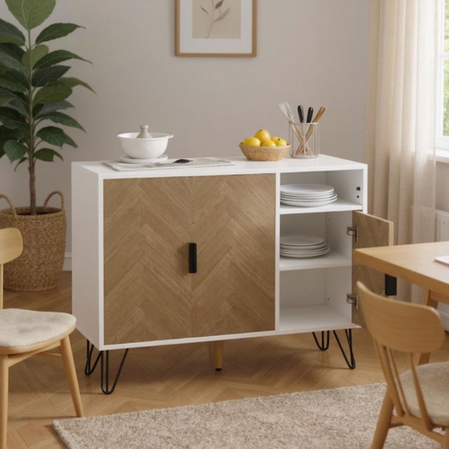Homy Casa Buffet Moderne Blanc et Bois avec Tablettes Ajustables et Tiroir, Table de Rangement 35,5 Po