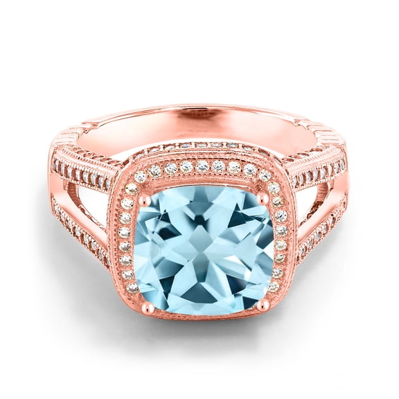 Gem Stone King 6.12 Ct Cushion Sky Blue Topaz 18K Rose Gold Plated Silver Ring (Size 5)