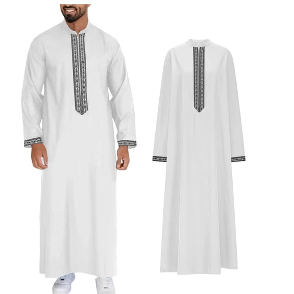 Muslim Men Thobe Long Sleeve Zipper Kaftan Thobe Casual Henley Shirts Embroidered Thobe Eid Clothes Men's Robe