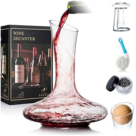 YouYah 100% Crystal Wine Decanter Set with Stand, Stopper, Brush and Beads - Red Wine Carafe - Hand-blown - Gift and Accessory