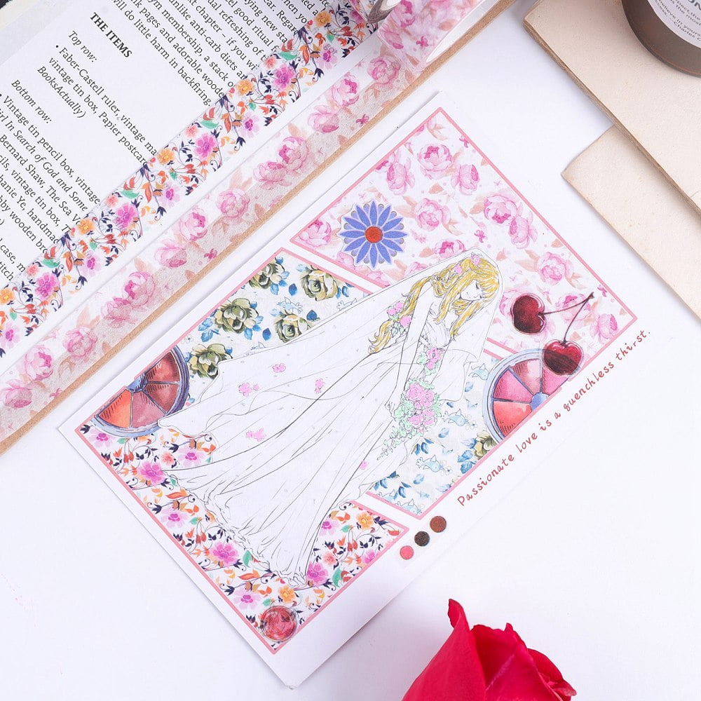 2 set Floral Theme Pattern Paper Adhesive Tape for Card-Making Scrapbooking Diary Planner Envelope & Notebooks Mixed color 15mm