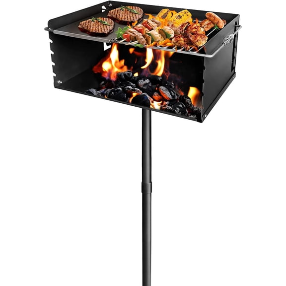 Park-Style Charcoal Grill, 25x17x11 Inch Heavy Duty Steel Outdoor BBQ Grill with Grate and Plate, Single Post Carbon Steel Park Grill for BBQ, Camping, Backyard