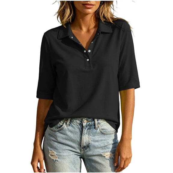 hoksml Women Half Button Mid Sleeve Collarted Shirt Cotton Linen Solid Loose Casual Top for Office Daily Golf