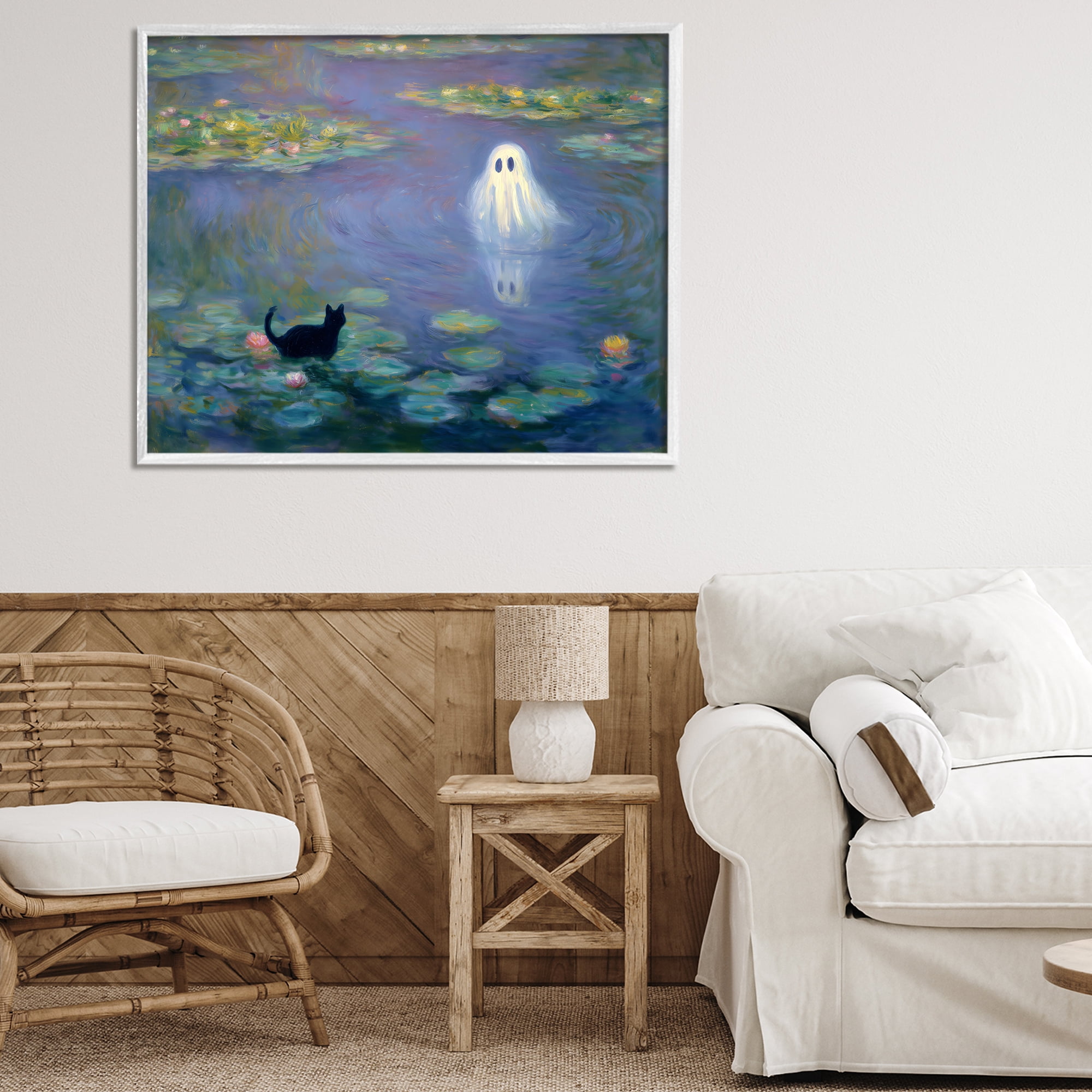 Water Lilies with Ghost & Kitty White Framed Giclee Art, design by Arlington Prints