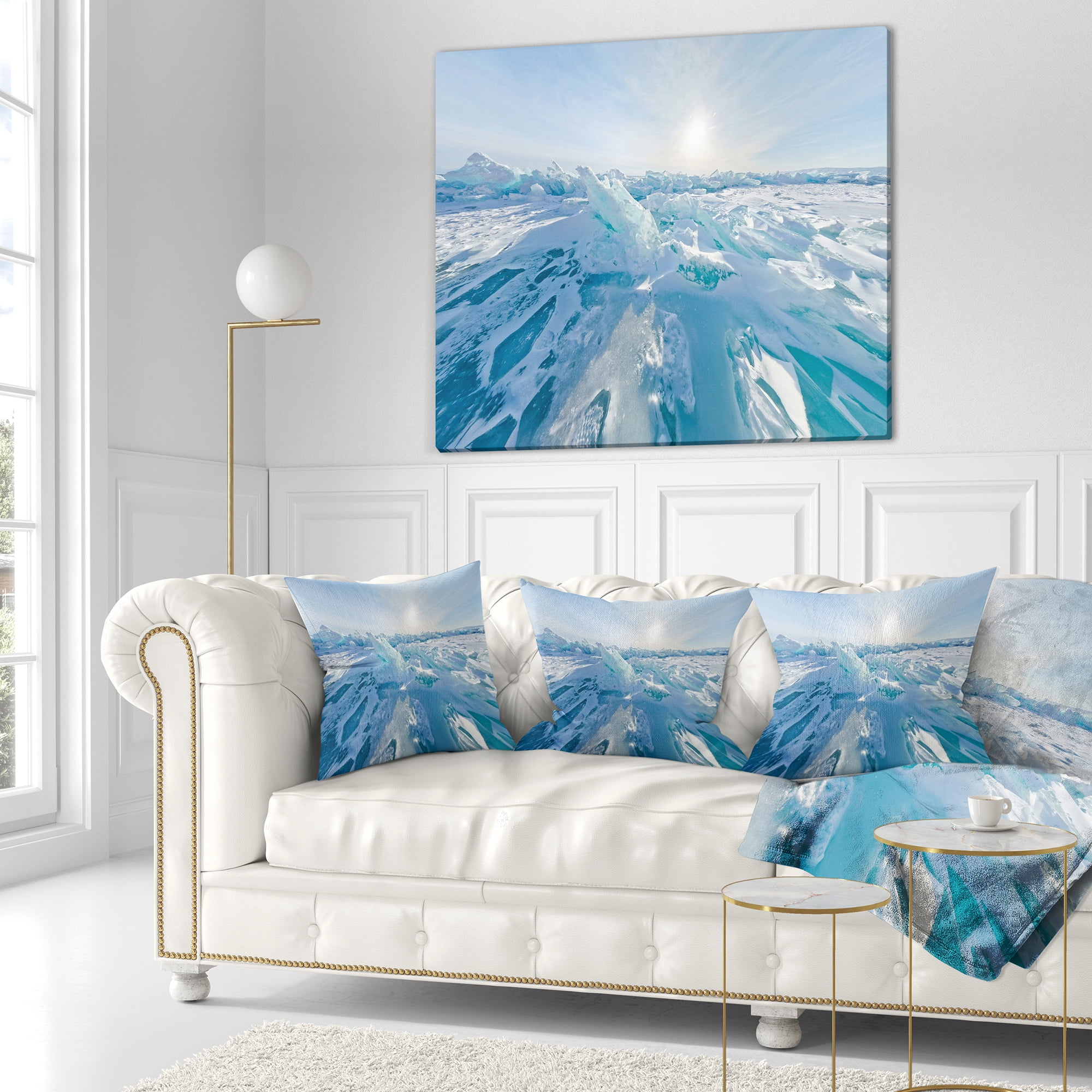 Designart Blue Ice Hummocks Baikal Panorama - Landscape Printed Throw Pillow - 16x16