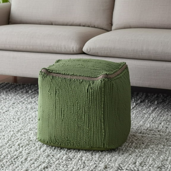 HomeRoots 551552 18 in. Moss Green & Natural Cotton & Jute Cube Pouf Ottoman