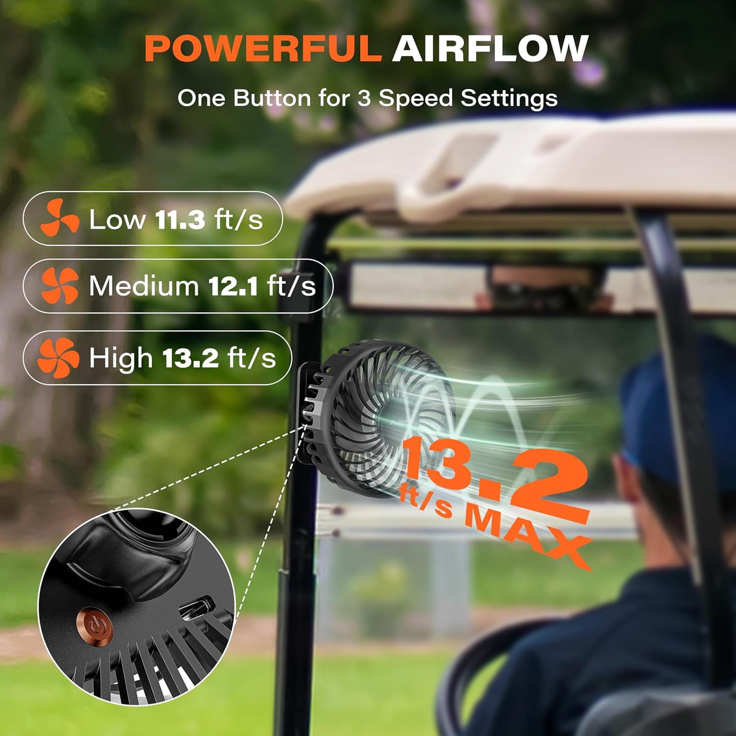A2C Portable Fan, Rechargeable Magnetic Base Battery Operated 3-Speed Strong Airflow, Mini Desk Fan, Golf Cart, Forklift, Camping, Gym, Outdoor, Black