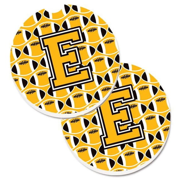Letter E Football Black with Old Gold & White Set of 2 Cup Holder Car Coaster