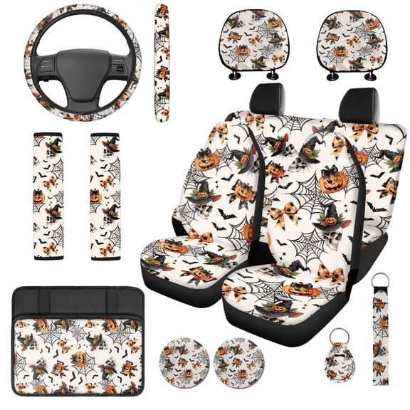 XYZCANDO Spider Web 14 Pack Car Seat Covers Full Set Steering Wheel Cover Auto Center Console Pad Seat Belt Pads Headrest Covers Cup Coasters for Most Cars SUVs Sedans