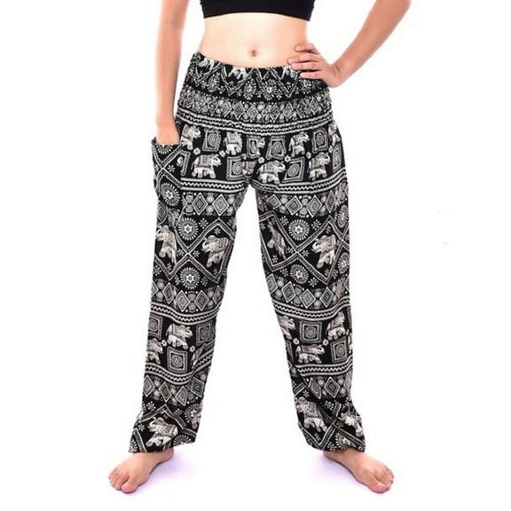 Bohotusk Kids Black Elephant Print Elasticated Smocked Waist Harem Pants (6 - 8 Years)