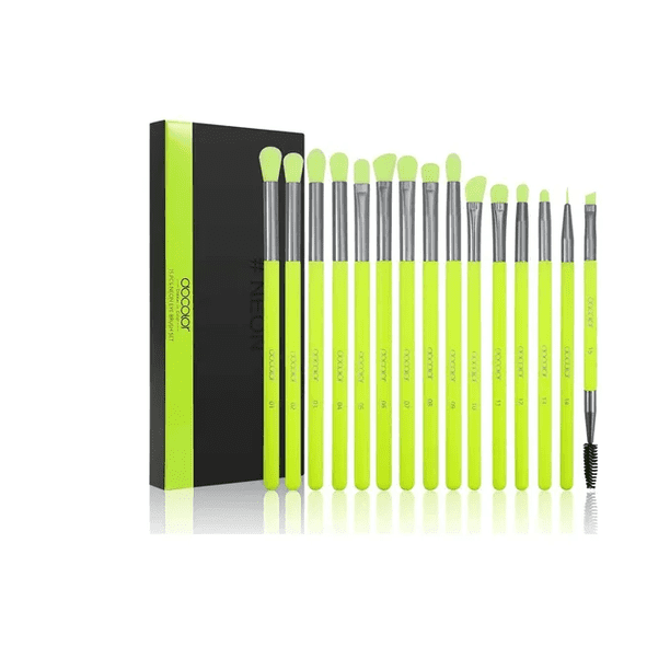 Brochas De Maquillaje Xtellar color Verde Neon 15 Piezas Brocha para sombras de ojos Pincel para delineador de ojos Cepillo para cejas