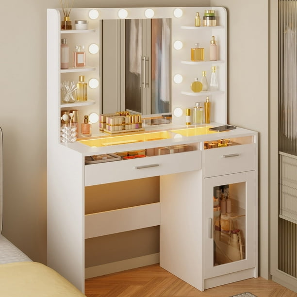 TOMNK White Vanity Desk with Mirror & Lights, Power Outlet, 3