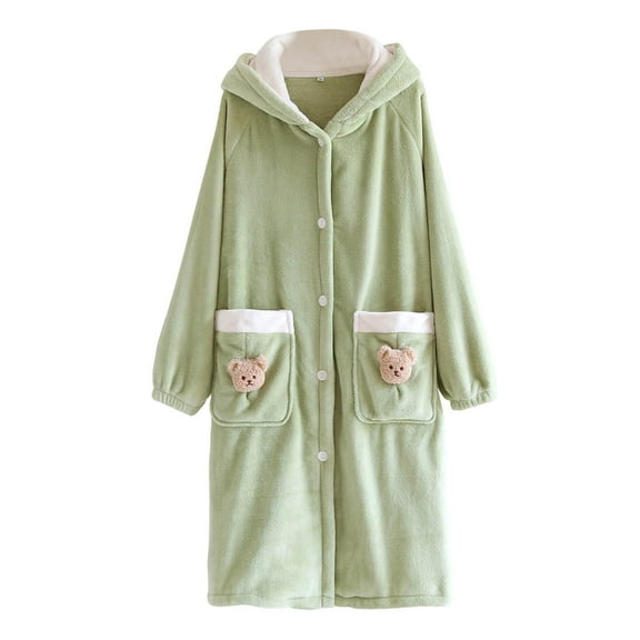 Hooded Pajamas for Women,Fleece Robe Long Bathrobe with Pockets Button Down Nightgowns Soft Flannel Bathrobes Long Sleeve House Dress Sleepwear