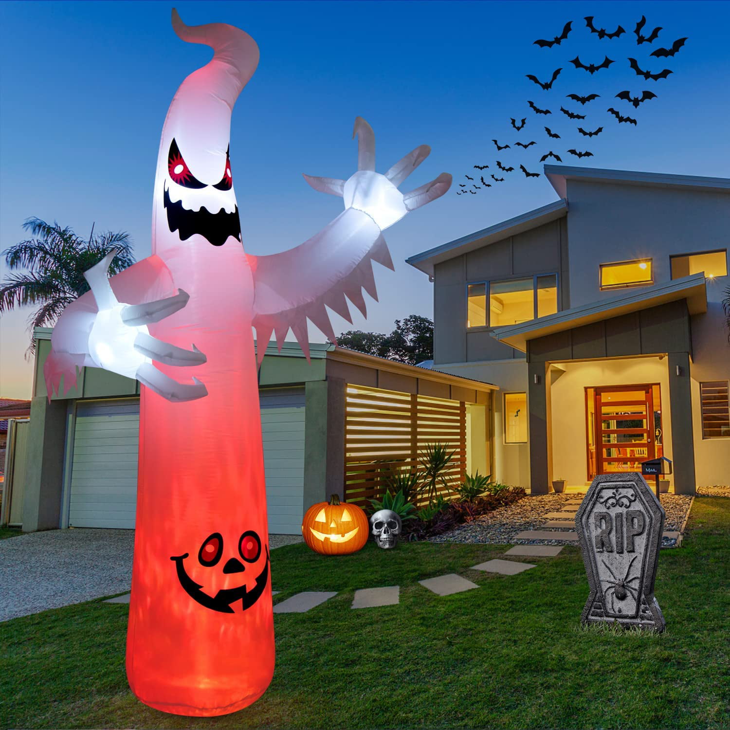 Sizonjoy 9 Ft Giant Halloween Inflatable Ghost,Blow Up Halloween Decorations Built-in LED Lights for Indoor/Outdoor Yard Garden Includes Stakes 