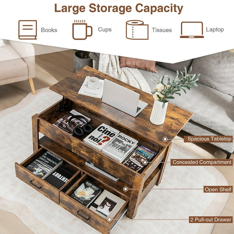 Costway Lift Top Coffee Table with 2 Storage Drawers Hidden Compartment for Living Room
