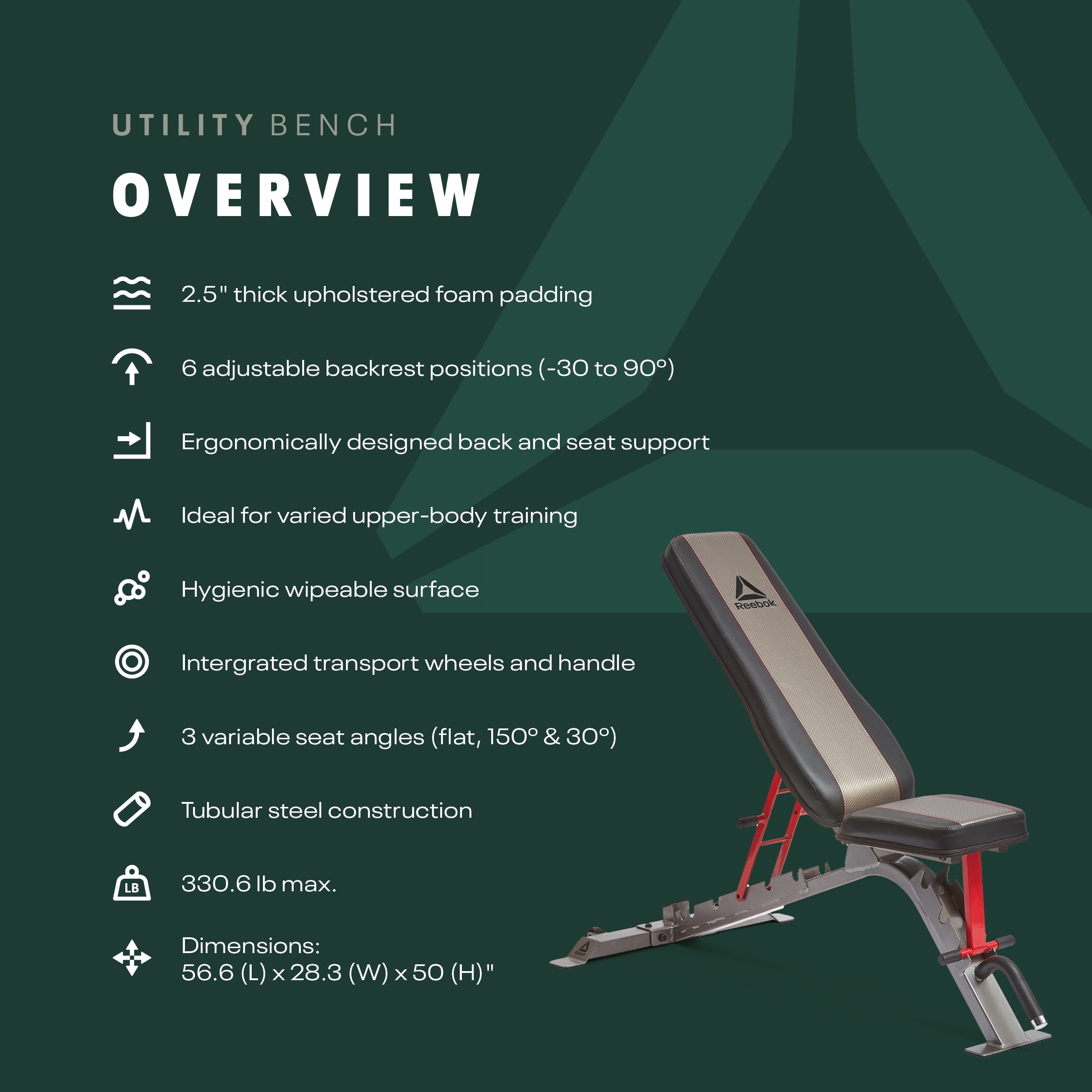 Reebok Utility Weight Bench, 6 adjustable backrest positions 2.5” thick upholstered foam, Non-slip Feet