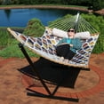 thumbnail image 7 of Sunnydaze Quilted 2-Person Hammock with Curved Bamboo Spreader Bars - Heavy-Duty 450-Pound Weight Capacity - Polyester Hammock - Gold and Bronze Quatrefoil, 7 of 7