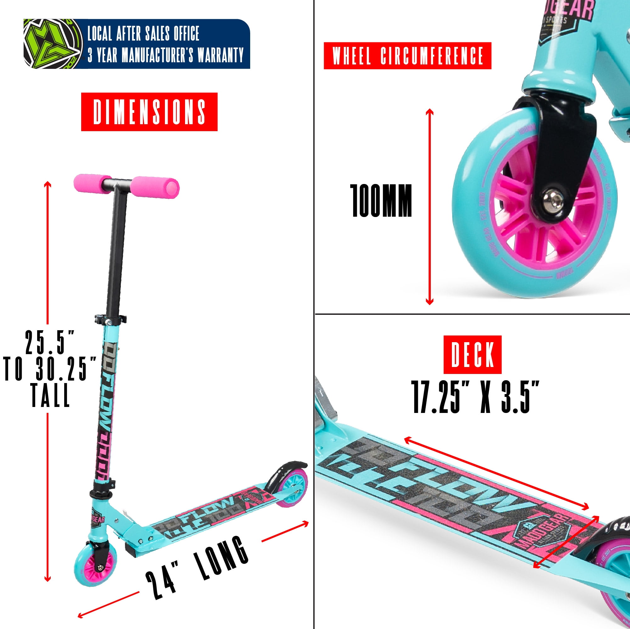 Folding Kick Scooter for Kids Ages 5–10 – Carve 100 – Lightweight Steel Frame, Adjustable Handlebar, Smooth 100 mm Wheels – Teal – Madd Gear, 3 Years & Up Folding Scooter