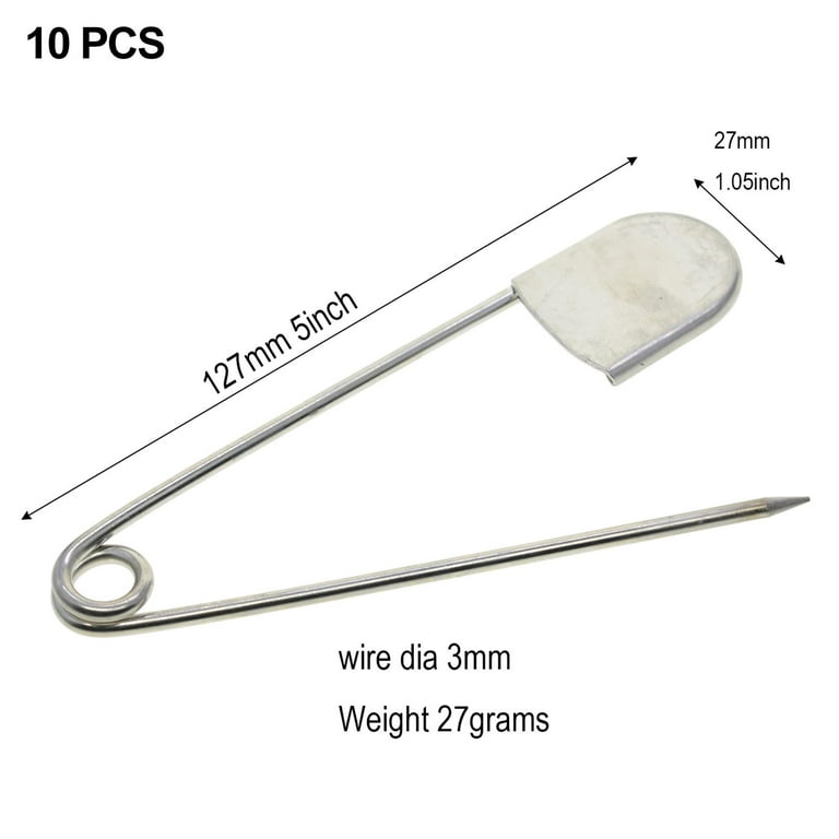 10 Pieces 5 inch Extra Large Safety Pins Big Stainless Steel Heavy Duty for Quilting Upholstery Sewing Outdoor Laundry, Silver